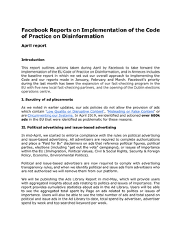 Facebook Reports on Implementation of the Code of Practice on Disinformation