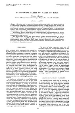 Evaporative Losses of Water by Birds