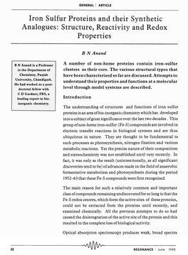 Iron Sulfur Proteins and Their Synthetic Analogues: Structure, Reactivity and Redox Properties