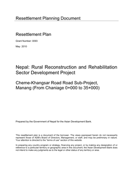 40554-022: Cheme-Khangsar Road Road Sub-Project Resettlement Plan