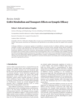 Review Article GABA Metabolism and Transport: Effects on Synaptic Efficacy