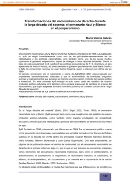 Transformaciones Del Nacionalismo De Derecha Durante La Larga Década Del Sesenta: El Semanario Azul Y Blanco En El Posperonismo