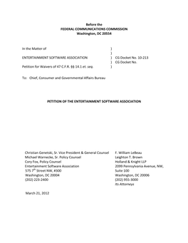 Before the FEDERAL COMMUNICATIONS COMMISSION Washington, DC 20554 in the Matter of ENTERTAINMENT SOFTWARE ASSOCIATION Petition