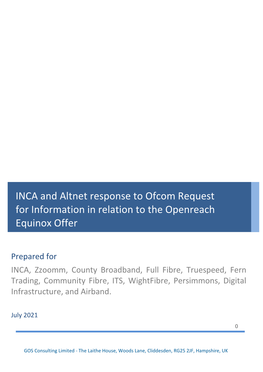 INCA and Altnet Response to Ofcom Request for Information in Relation to the Openreach Equinox Offer