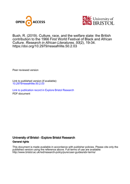 Bush, R. (2019). Culture, Race, and the Welfare State: the British Contribution to the 1966 First World Festival of Black and African Culture