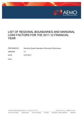 List of Regional Boundaries and Marginal Loss Factors for the 2011-12 Financial Year