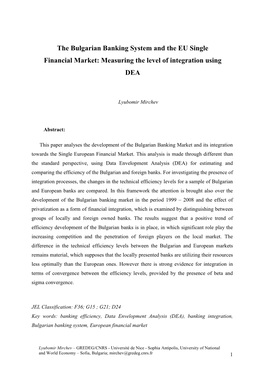 The Bulgarian Banking System and the EU Single Financial Market: Measuring the Level of Integration Using DEA