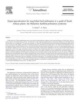 Hyper-Specialization for Long-Billed Bird Pollination in a Guild of South African Plants: the Malachite Sunbird Pollination Syndrome ⁎ S