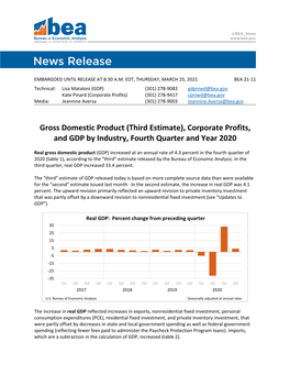 Gross Domestic Product (Third Estimate), Corporate Profits, and GDP by Industry, Fourth Quarter and Year 2020