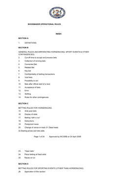 Bookmaker Operational Rules Index Section a 1. Definitions Section B General Rules