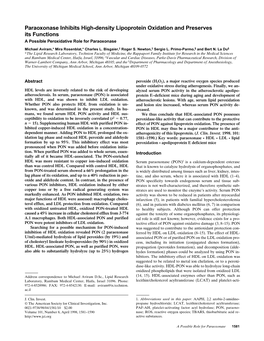 Paraoxonase Inhibits High-Density Lipoprotein Oxidation and Preserves Its Functions a Possible Peroxidative Role for Paraoxonase