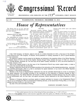 Congressional Record United States Th of America PROCEEDINGS and DEBATES of the 113 CONGRESS, FIRST SESSION