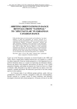 Shifting Orientations in Dance Revivals: from "National" to "Spectacular" in Ukrainian Canadian Dance