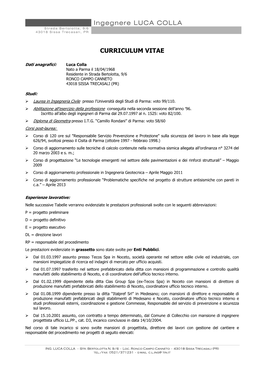 Ingegnere LUCA COLLA CURRICULUM VITAE