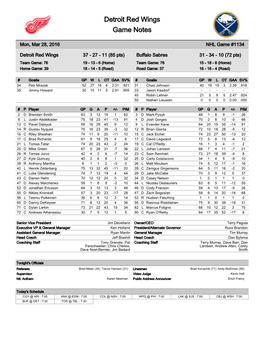 Detroit Red Wings Game Notes