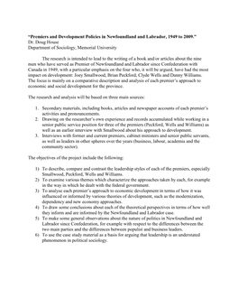 Premiers and Development Policies in Newfoundland and Labrador, 1949 to 2009.” Dr