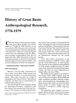 History of Great Basin Anthropological Research, 1776-1979