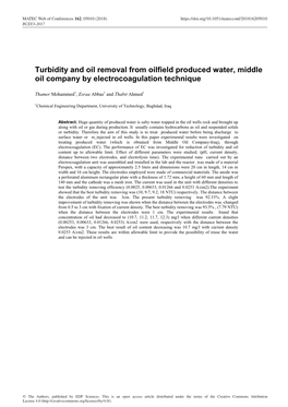 Turbidity and Oil Removal from Oilfield Produced Water, Middle Oil Company by Electrocoagulation Technique