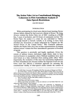 The Stolen Valor Act As Constitutional: Bringing Coherence to First Amendment Analysis of False-Speech Restrictions Josh M