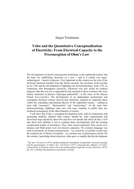 Volta and the Quantitative Conceptualisation of Electricity: from Electrical Capacity to the Preconception of Ohm’S Law1