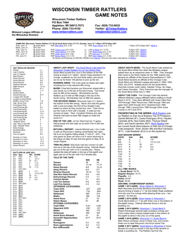 Wisconsin Timber Rattlers Game Notes