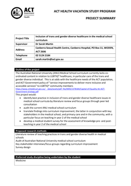 Act Health Vacation Study Program Project Summary