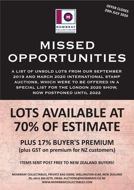 Missed Opportunities Lots Available at 70% of Estimate