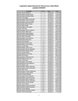 Legislative Appointments for Democracy Lobby Week Updated 2/20/2021