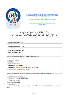 Stagione Sportiva 2018/2019 Comunicato Ufficiale N° 31 Del 21/02/2019