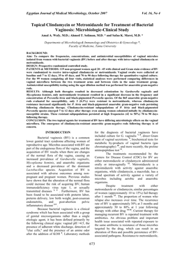 Topical Clindamycin Or Metronidazole for Treatment of Bacterial Vaginosis: Microbiologic-Clinical Study