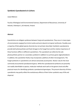 Symbiotic Cyanobacteria in Lichens