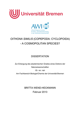 Oithona Similis (Copepoda: Cyclopoida) - a Cosmopolitan Species?