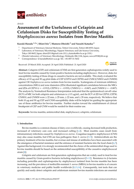 Assessment of the Usefulness of Cefapirin and Cefalonium Disks for Susceptibility Testing of Staphylococcus Aureus Isolates from Bovine Mastitis