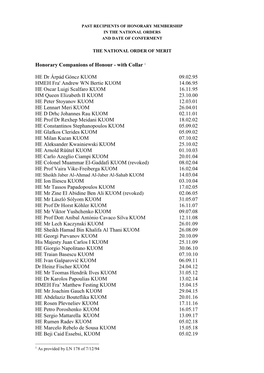 Past Recipients of Honorary Membership in the National Orders and Date of Conferment