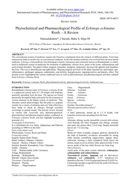 Phytochemical and Pharmacological Profile of Echinops Echinatus Roxb