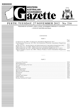 PERTH, TUESDAY, 27 NOVEMBER 2012 No. 216 PUBLISHED by AUTHORITY JOHN A