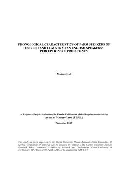 Phonological Characteristics of Farsi Speakers of English and Australian English L1 Speakers' Perceptions of Proficiency