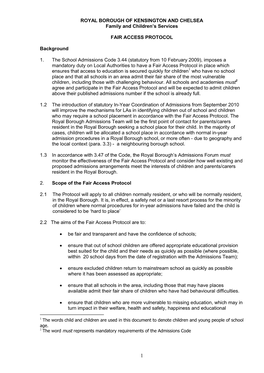 ROYAL BOROUGH of KENSINGTON and CHELSEA Family and Children's Services FAIR ACCESS PROTOCOL Background 1. the School Admission