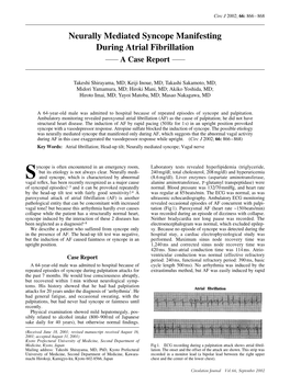 Neurally Mediated Syncope Manifesting During Atrial Fibrillation a Case Report