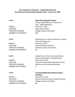 ASALH Atlanta Branch Annual Branch Activity Report Synopsis 2019 – January 15, 2020