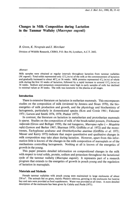 Changes in Milk Composition During Lactation in the Tammar Wallaby (Macropus Eugenii)