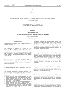 EU Guidelines of 5 November 2013 on Good Distribution Practice of Medicinal Products for Human