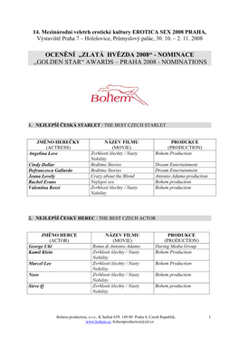 Nominace „Golden Star“ Awards – Praha 2008 - Nominations