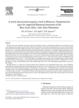 Neoproterozic Ages for Supposed Eburnean Basement of the Bou Azzer Inlier, Anti-Atlas Mountains R.S