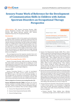 Sensory Frame Work of Reference for the Development of Communication Skills in Children with Autism Spectrum Disorders an Occupational Therapy Perspective