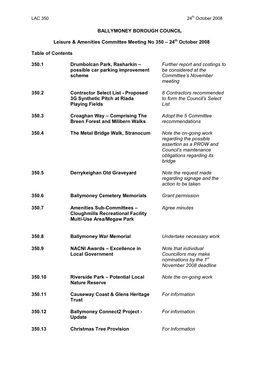 BALLYMONEY BOROUGH COUNCIL Leisure & Amenities Committee Meeting No 350 – 24Th October 2008 Table of Contents 350.1 Drumbo