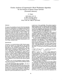 Further Analysis of Coppersmith's Block Wiedemann Algorithm for the Solution of Sparse Linear Systems (Extended Abstract)