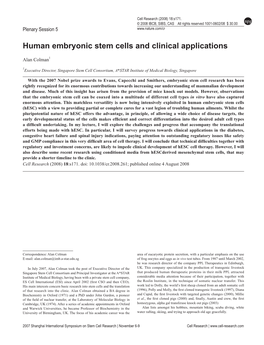 Human Embryonic Stem Cells and Clinical Applications