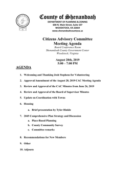 Citizens Advisory Committee Meeting Agenda Board Conference Room Shenandoah County Government Center Woodstock, Virginia