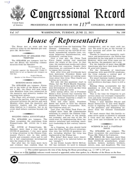 Congressional Record United States Th of America PROCEEDINGS and DEBATES of the 117 CONGRESS, FIRST SESSION